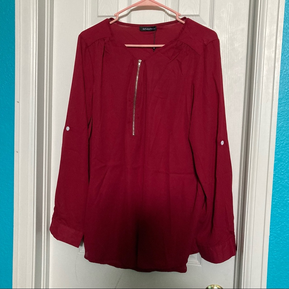 NWT Burgundy Half Zip Blouse
